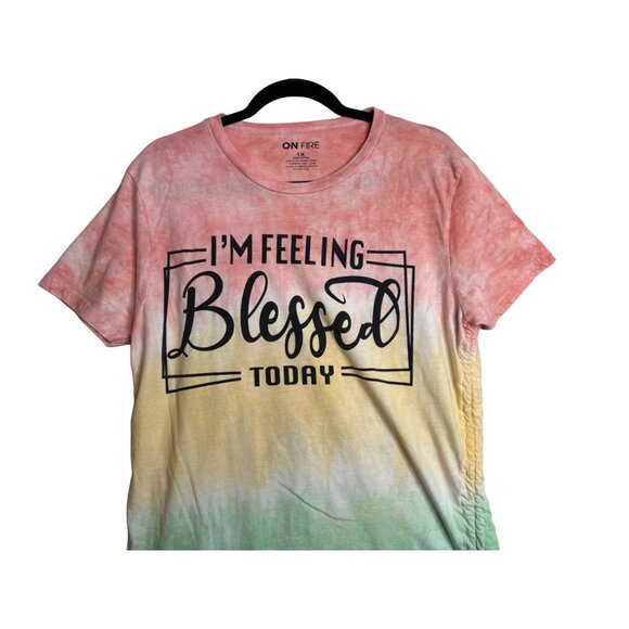 On Fire Womens 1X Shirt Feeling Blessed Adjustable Ruched Sides Tye Dye - Picture 3 of 4
